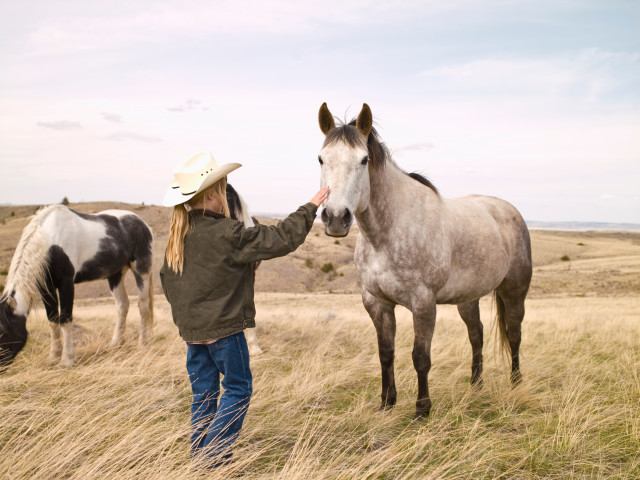 Young cowgirl petting horse on family ranch